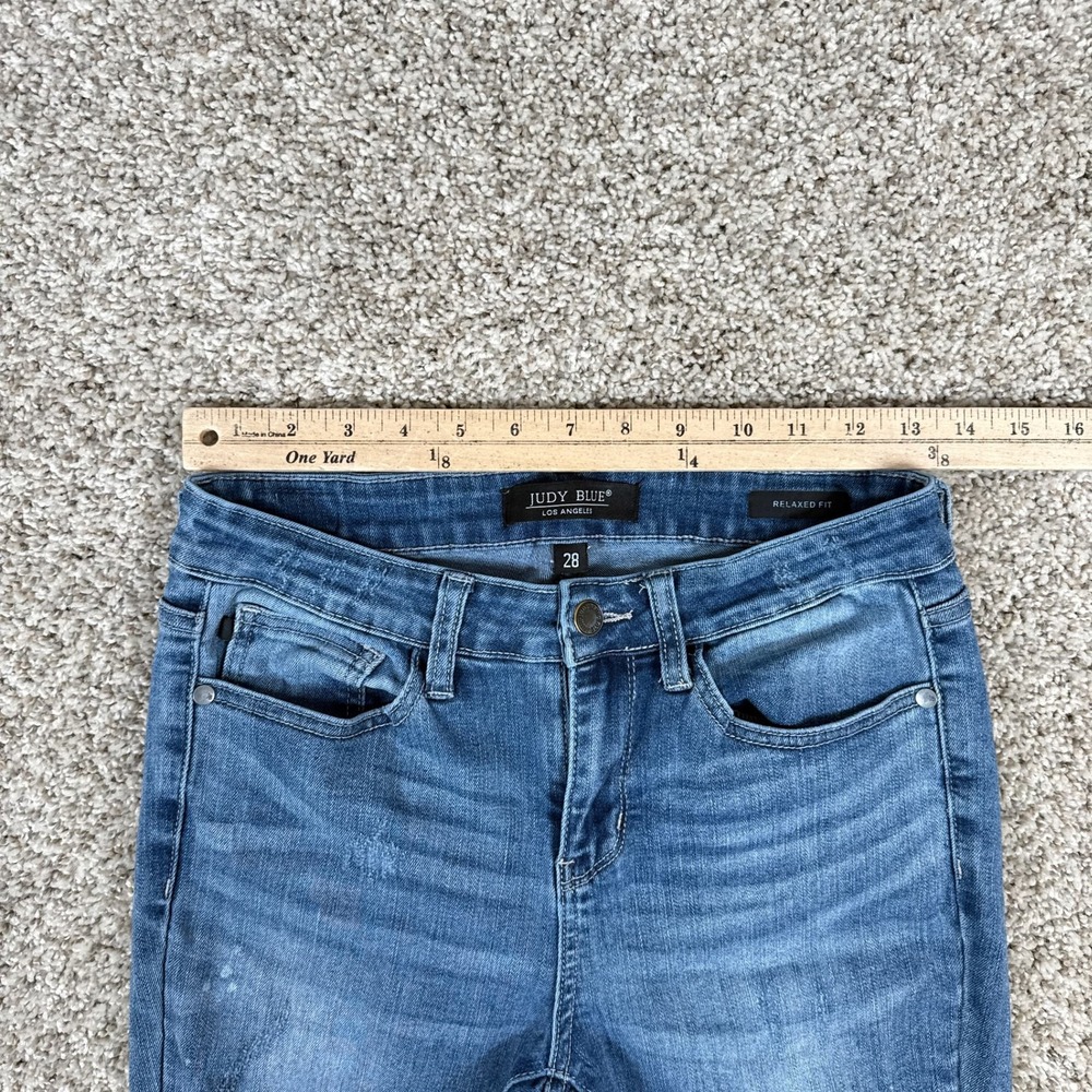 Judy Blue Jeans Womens 28 Relaxed Fit Distressed Ripped Knee Medium Blue Painted - Picture 8 of 13